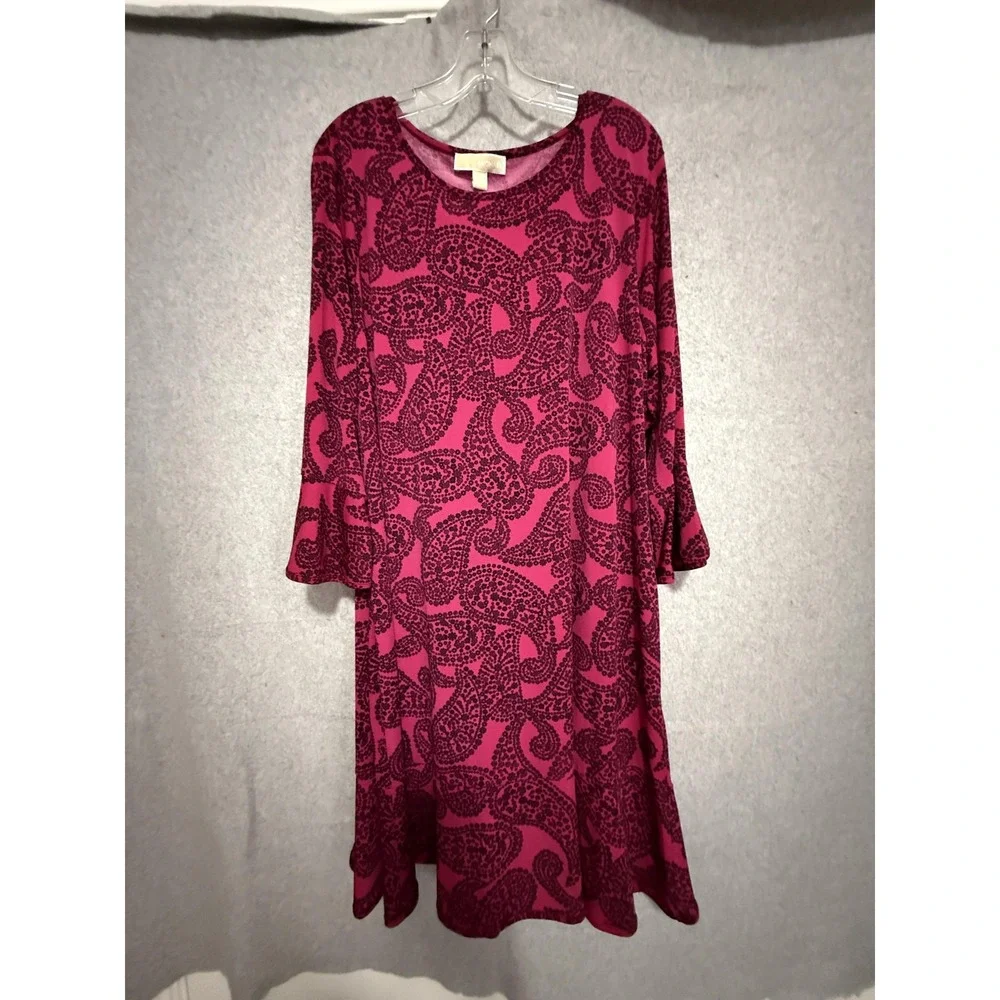 Michael Kors Dress Womens 2X Pink‎ Paisley Jersey Bell Sleeve Shift Midi Casual